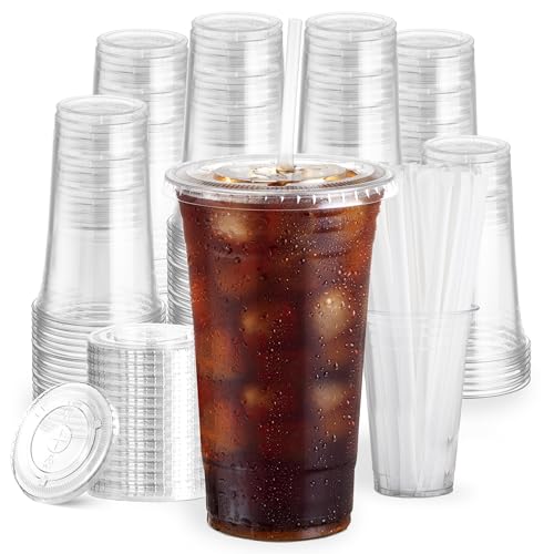 Boxential 100 Pack 24 oz Clear Plastic Cups with Lids and Straws Disposable Coffee Cups with Lids To Go Iced Coffee Cups with Lids Disposable Cups for Party Smoothie Cup for Cold Drinks