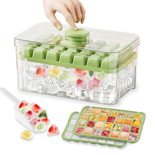 MOMENT Ice Cube Tray with Lid and Bin 56 pcs Ice Trays Ice Cube Pop Out Tray for Freezer 2-Tier Stackable Spill-Resistant BPA Free Pressing Ice Cube Mold for Beverage Coffee Fruit Yogurt (Green)