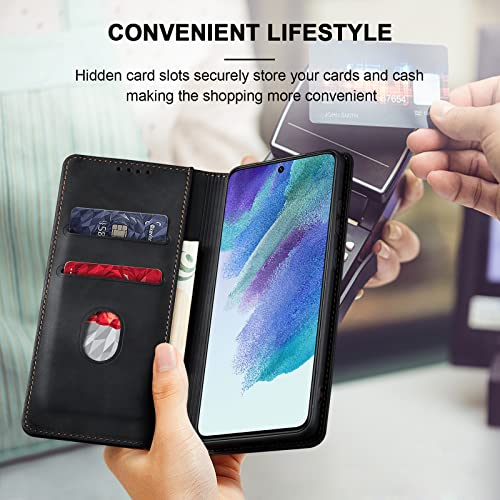 Image of Jasonyu Mobile Phone Case for Samsung Galaxy S21 FE, PU Leather Flip Case, Black