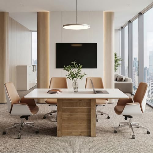 Tribesigns Rectangular Conference Table for 6-8 People, 4.59 ft Meeting Table with Wooden Pedestal Base, Modern Seminar Table for Office Conference Room, Training, Seminar (White + Natural)