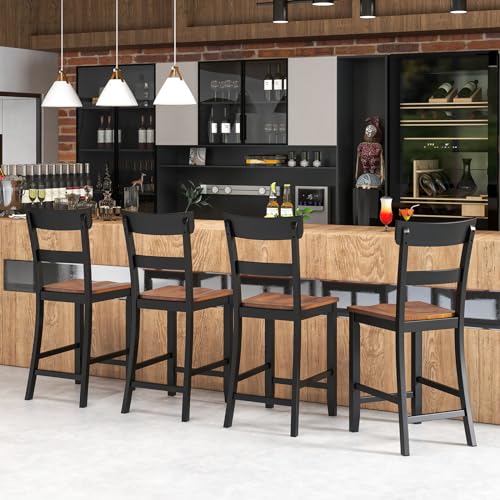 Conjunto de butacos altos NAFORT para barra, sillas de comedor de madera con respaldo alto, asiento ergonómico y reposapiés, estilo mid-century sin brazos para cocina, restaurante y bar (Negro, conjunto de 4) miniatura 4