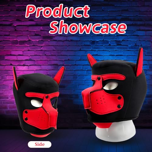 HBSFBH Hundemaske aus Leder, weiche Hundemaske mit Ohren, verstellbare Ch-ien-Maske aus Material, Halloween-Maske, Cosplay-Kapuzenmaske, für Urlaubsparty (Rot)