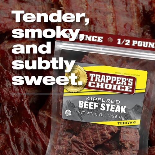 Image of Old Trapper, Trapper's Choice Teriyaki Kippered Beef Steak, Eight-Ounce Individual Package, Savory Sweet Meat Snacks, 10 Grams of Protein and 60 Calories Per Serving (Pack of One)