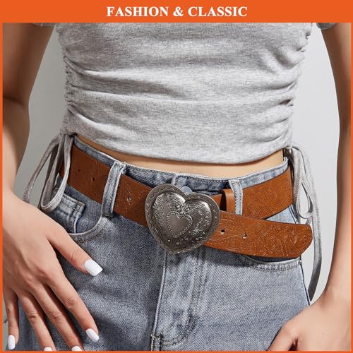 Women's PU Leather Embossed Belts Vintage Western Waist Strap with Heart-Shaped Buckle Belt for Pants Jeans3