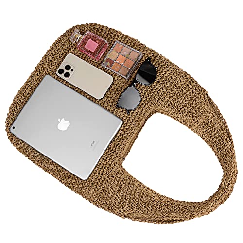 Women Large Straw Beach Bag Handmade Woven Shoulder Bags Hobo Tote Handbag Purse For Summer (Brown) #TOP2
