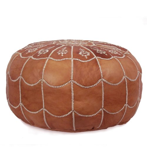 IKRAM DESIGN Moroccan Leather Pouf with Arch Design, Dark Tan, 22-Inch by 14-Inch