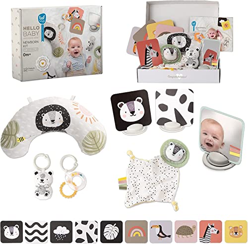Taf Toys Newborn Developmental Gift Set with 12 Toys Tummy Time Pillow Flash Cards Rattles Baby-Safe Mirror Blankie Best for Newborns & Up Development Montessori for Infant Toys 0-6 Months Babies