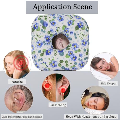 Image of Ear Piercing Pillow for Side Sleepers, Pillow with an Ear Hole for CNH and Ear Pain Ear Inflammation Pressure Sores, O-Shaped Side Sleeping Pillow, Ear Guard Pillow (Blue Flowers)