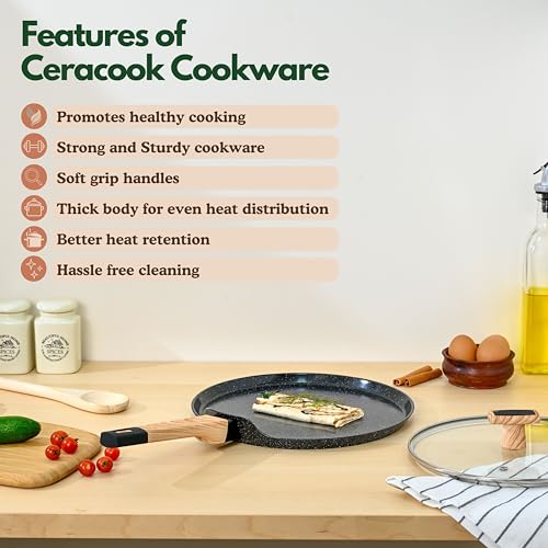 Image of Kreme Ceracook Ceramic Coated Granite Flat Tawa 28cm, ISI Certified Dosa Tawa, Forged Aluminium Body, Gas & Induction Compatible, Non Toxic, PFAS & PTFE Free, 1 Year Warranty, Midnight Black