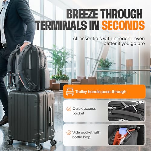Image of EVERKI Business 120 Laptop Backpack with Rain Cover, Black - 40L | 5-point balance strap, file divider, water-repellent exterior, orange interior, fits laptops up to 18.4 inches