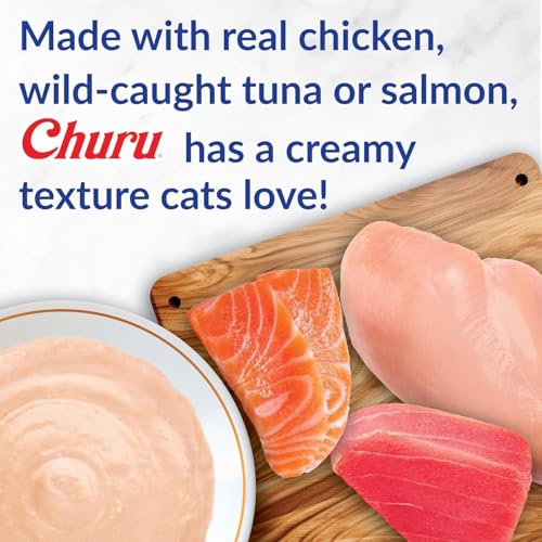 Image of INABA Churu Cat Treats, Grain-Free, Lickable, Squeezable Creamy Puree Cat Treat /Topper with Vitamin E & Taurine, 0.5 Ounces Each Tube, 48 Tubes (4 per Pack), Chicken with Crab Recipe