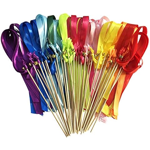 Kingsnow 50 Pack Ribbon Wands Wedding Streamers with Bells, Silk Fairy Stick Wish Wands Party Favors for Wedding Send Off Party Activities Table Holiday Celebration Cover