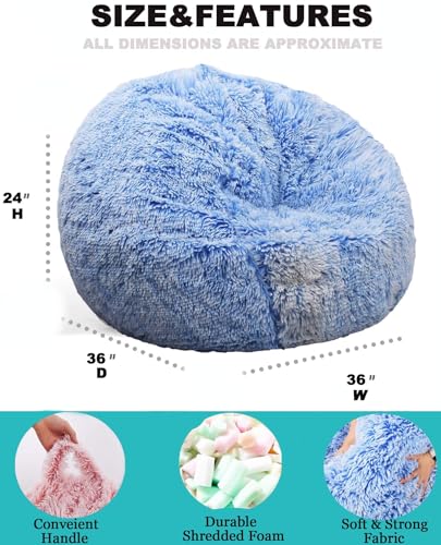 Image of Fluffy Bean Bag Chair, 3FT Round Memory Foam Filled Bean Bag for Teens & Kids, Ultra Soft Faux Fur Fabric Bean Bag Chairs for Playroom, Living Room, Bedroom, Blue