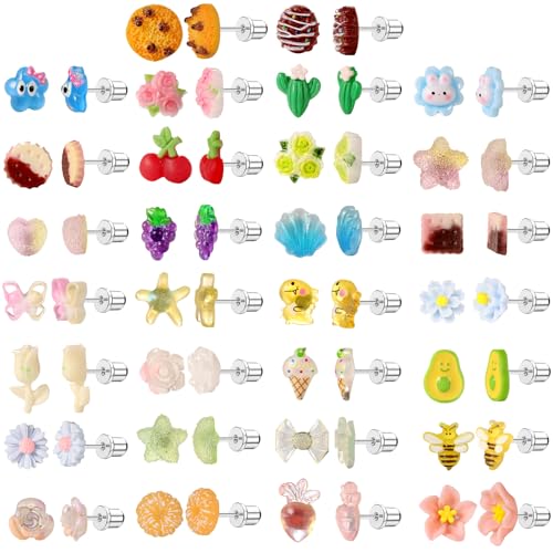 30 Pairs Mini Screwback Earrings for Girls, Kids & Family – Flat Back Acrylic Earring with Stainless Steel Posts | Assorted Cute Charms | Secure Fit for Daily Wear & Parties