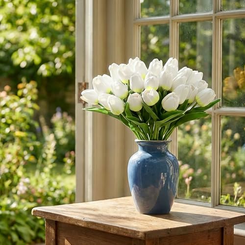 Image of 20Pcs Stems 13.5 Inch Light Green PU Artificial Moisturizing Tulips, Faux Tulips Flowers for Thanksgiving Christmas Decorations Wedding Home Table Vase Floral Arrangements