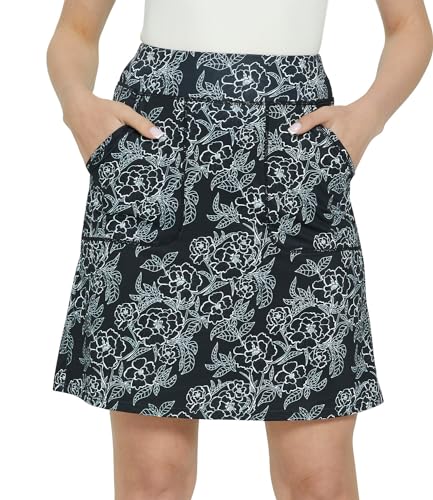 Westkun Faldas de Tenis para Mujer Falda de Golf hasta la Rodilla con Pantalones Cortos Debajo y Bolsillos Falda pantalón Atlética para Entrenamiento Correr Senderismo Flores Negras M