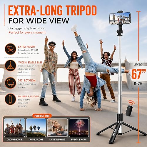 Image of CIRYCASE Selfie Stick Tripod with Light, 67 inch /170CM Reinforced Tripod for Mobile Phone, Multi-Functional Bluetooth Long Selfie Stick for Travel,Vlogging,Compatible with iPhone and All Smartphones