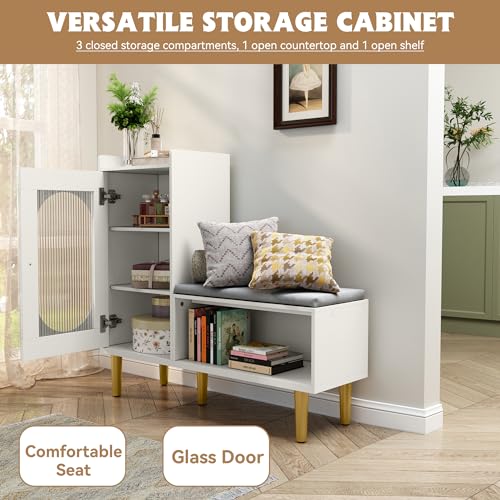 Image of HLR Storage Bench Set of 2, White Modern Entryway Shoe Cabinet Bench with Glass Door&Shelf, L-Shaped Storage Cabinet with Padded Seat for Hallway, Bedroom, Living Room, Office