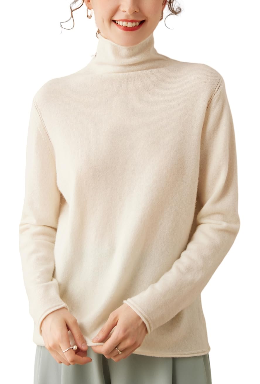 E-girl Maglione da donna 95% cashmere a collo alto, a maniche lunghe, in lana di cashmere, tinta unita, rilassato, DF8011