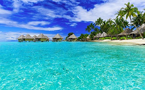 絵画風 壁紙ポスター （はがせるシール式） ポリネシア ボラボラ島 トロピカルビーチ 水上コテージ リゾート 海 癒し キャラクロ RPLN-001W1 （ワイド版 921mm×576mm） 建築用壁紙＋耐候性塗料 ＜日本製＞ ウォールステッカー お風呂ポスターのサムネイル