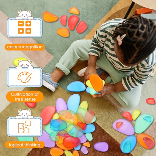 Image of Simgoing 144 Pcs Rainbow Stacking Stones Colorful Pebbles Sorting and Stacking Stones Light Table Accessories Manipulatives Educational Toys for Preschool Kindergarten Montessori Toys, 6 Colors