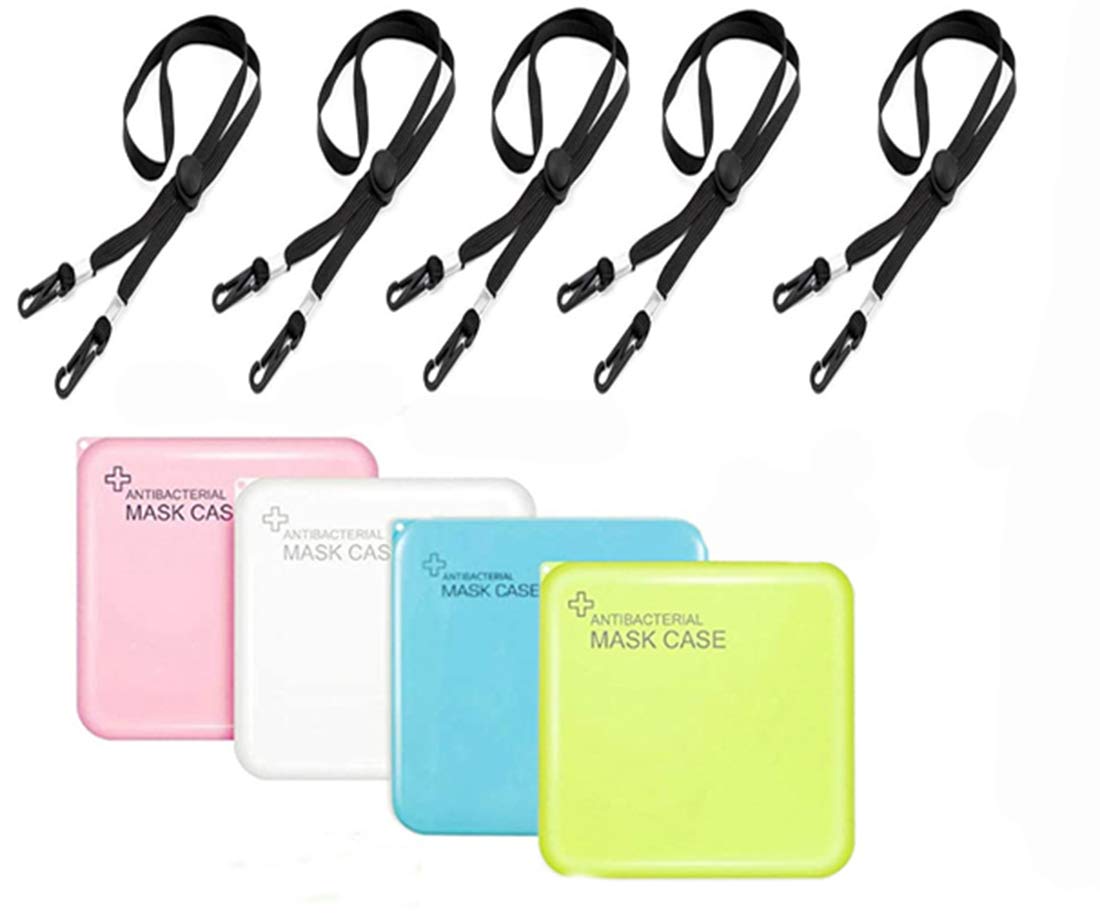 Face Mask Lanyards 5 Pack - Mask Storage Case 4 pack, DELFINO Convenient and Adjustable Mask Holder Hanger & Mask Storage Box Portable Mask Case Hygiene Storage Bag