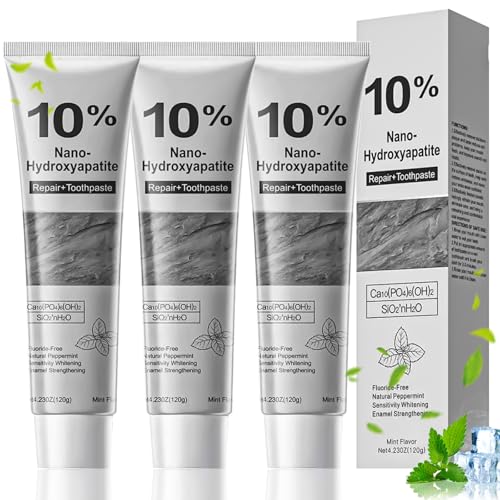 VLUVLA 3Pcs 10% Hydroxyapatite Toothpaste Fluoride Free Enamel Care Toothpaste Nano Hydroxyapatite Remineralising Toothpaste for Daily Oral Care Fresh Mint 120g per Tube