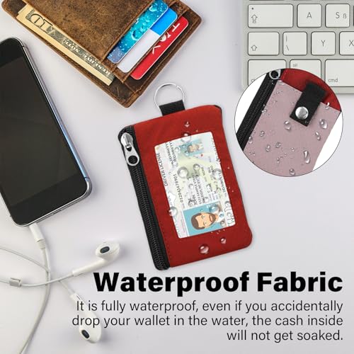 Image of Minimalist RFID Wallet with Lanyard, Multi-Functional ID Case with 2 Zipper Pockets and Key Chain for Men and Women, Tactical Badge Pouch Cards Holder, Coin Purse for Travel Sports - Red&Pink