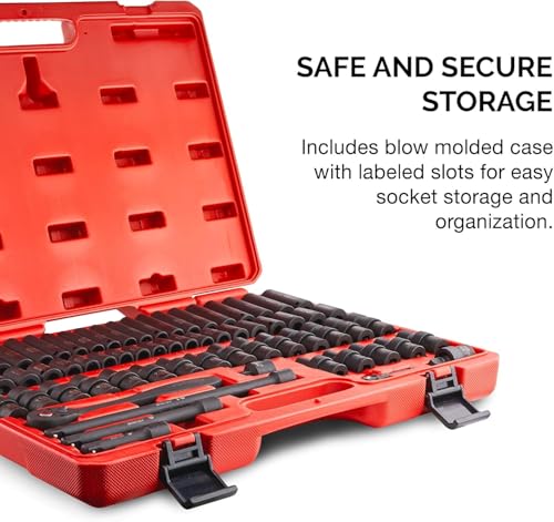 NEIKO 02471A Impact Socket Set, 3/8” Drive, 67 Piece, Metric and Standard Master Socket Set with Shallow & Deep Sockets, Ratchet, Swivel Sockets, Extension Bars, Adapters, Cr-V & Cr-Mo