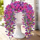 Artificial Hanging Flowers for Outdoors, 2 PCS 300 Blooms UV Resistant Morning Glory Faux Silk Vines, No-Odor Realistic Fake Plants for Garden Planter Porch Patio Decoration, Fuchsia & LightPurple
