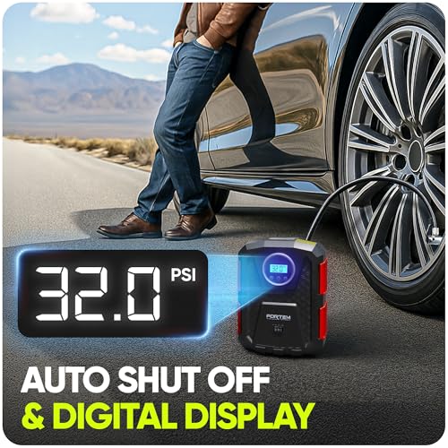 Image of FORTEM THE EXTRA MILE Digital Tire Inflator for Car W /Pressure Gauge - Portable Air Compressor - Electric Auto Pump | Easy to Store - Auto Shut Off - 12V DC - 3 Attachments Bonus Carrying Case
