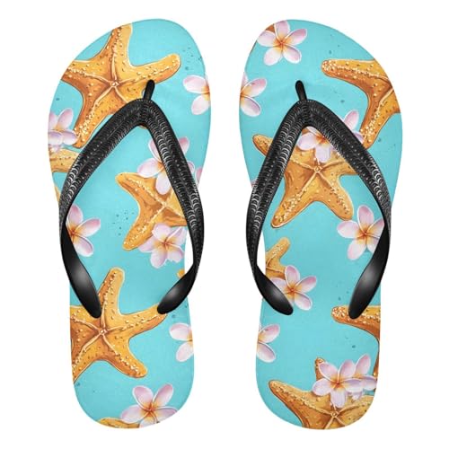 ALAZA Yellow Starfish Pink Cherry Blossoms Flip Flops for Women Fashion Beach Slippers Comfort Mens Flip Flops Non-Slip Rubber Shower Slippers Sandal for Hotel Travel Sport,XS