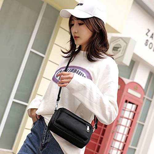 Multi-Zipper Crossbody Handbag Purse, Women's Nylon Wristlet Mini Crossbody Bag Clutch with 2 Straps3