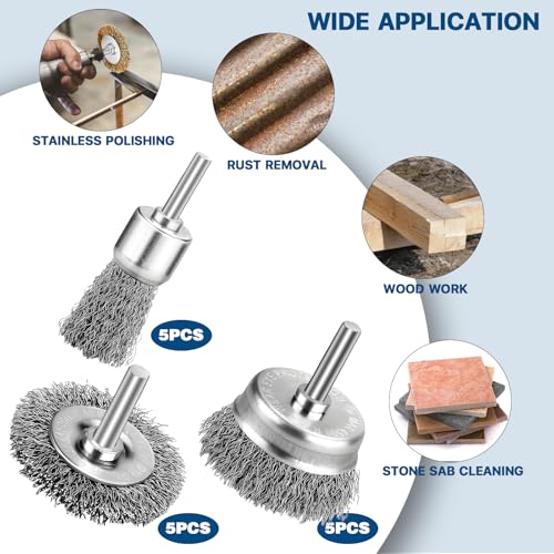 Image of 15PCS Wire Brushes Kit for Drill, Stainless Steel Wire Wheel Brushes Kit for Rotary Tools (1 /4 Inch Mandrel)