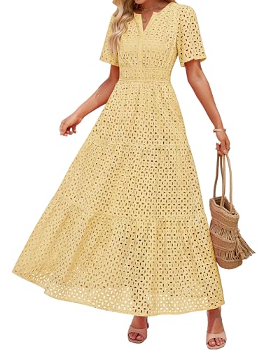 Image of ZESICA Women's 2026 Summer Short Sleeve Maxi Dress Casual V Neck Hollow Out Eyelet Ruffle Swing A Line Long Dresses