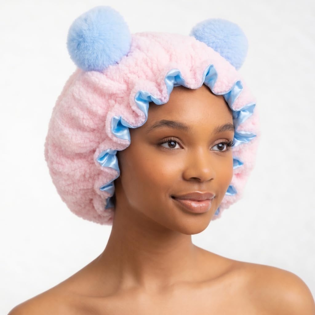 Large Plush Bonnet with Animal Ears for Women & Teens – Premium Oversized Satin-Lined Sleep Cap for Long Hair, Braids & Locs – Luxury Fuzzy Hair Protector Light Pink