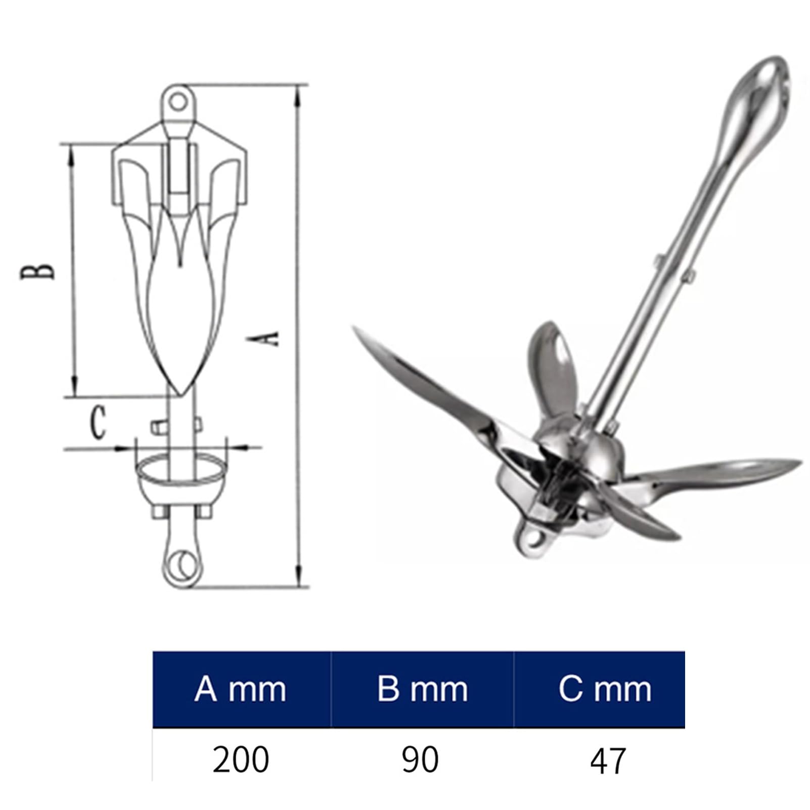 Ancora pieghevole da 0,7 kg, in acciaio inox, a 4 denti, pieghevole, robusta e durevole, per barche, yacht, pontoni, navi, accessori hardware