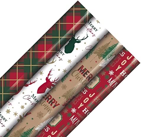 Christmas Gift Wrapping Paper - Pack of 4 x 7M Traditional Tartan, Reindeer, Stag Traditional Design, Perfect for wrapping the Christmas present