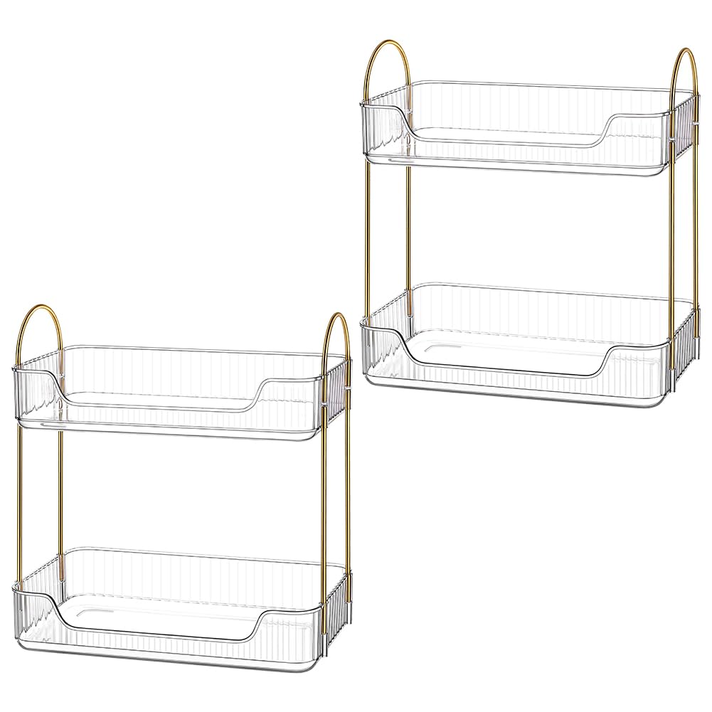 2 juegos de organizadores de maquillaje estrechos de 2 niveles, plástico transparente, doble capa, organizador de baño, soporte para perfume, almacenamiento de cuidado de la piel, estante de
