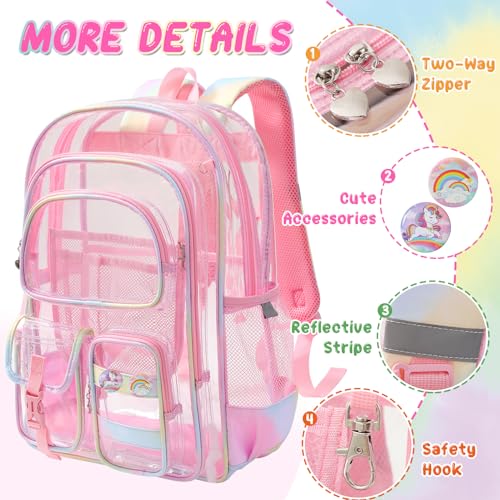 Image of Clear Backpack for School, Heavy Duty PVC Transparent Bookbag Set with Cute Accessories, Double Layer See Through Backpack for Girls Teens Adult