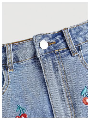 WDIRARA Women's Cherry Embroidered Bow Knot Bodycon Denim Skirt Y2k Stretch Mini Jean Skirts3