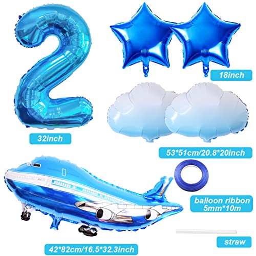 Weenkeey 2Nd Airplane Birthday Balloons Aircraft Balloon 2Nd Birthday Decor Giant Airplane Aluminum Foil Balloon Number 2 Mylar Balloon For Flying Party Boys Birthday Decor - Blue #TOP1