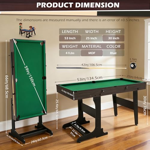 Image of 53 Inch Folding Pool Table with Built-in Ball Storage and Cue Clips, Freestanding Billiard Game Table Set for Family Game Room, Includes Cues, Balls, Chalk and Brush
