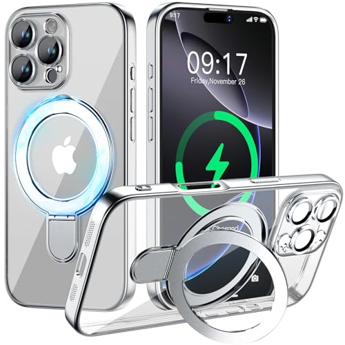 Image of Magnetic for iPhone 16 Pro Case with Invisible Stand[Compatible with MagSafe][Full Camera Lens Protector][Military Drop Protection] Shockproof Not Yellowing Clear Slim Soft for Women Men