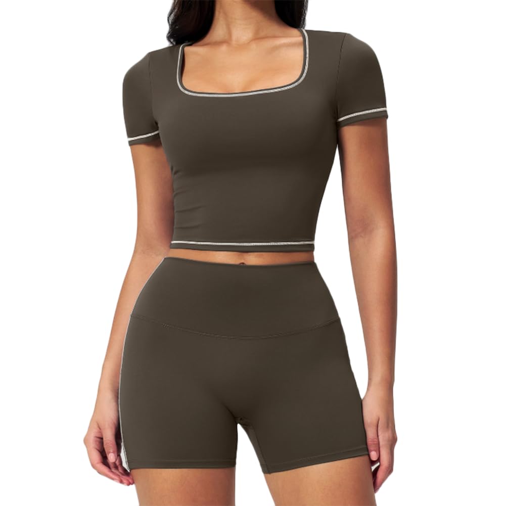 Xyffybhsd Women's Brown Workout Sport 2 Piece Yoga Contrast Stitching Gym Leggings Shorts And Crop Top Set(Size:m,Color:brown)