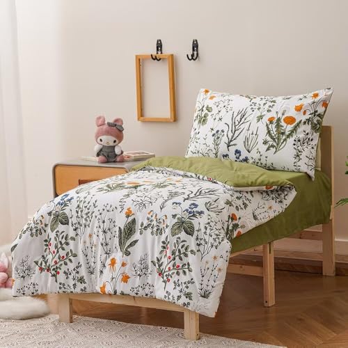 Image of CLOTHKNOW 4Pieces Green White Floral Toddler Bedding Sets for Girls's Room | Boho Comforter Sets, Green Yellow Leaves Pattern on White, Soft Crib Bed Set