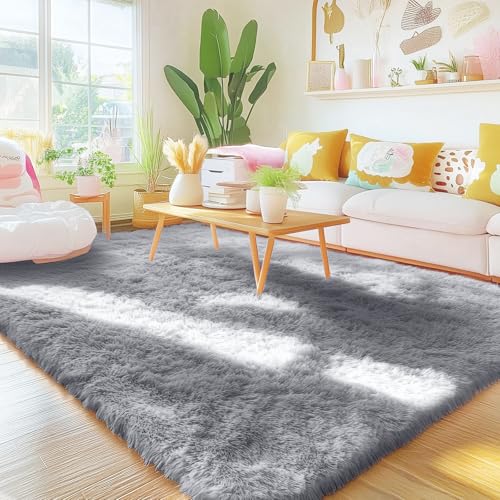 Tapis shaggy haut de gamme moelleux gris de 255 x 270 cm avec envers antidérapant