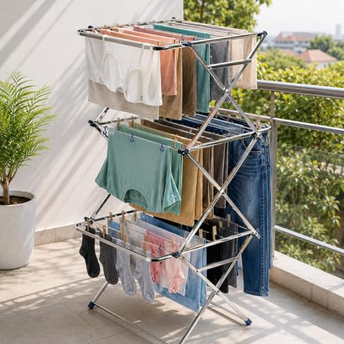 Image of KITCHIVO 3 Layer Foldable Clothes Drying Rack, Stainless Steel Garment Airer Stand with Large Drying Space for Laundry, Towels and Clothes (3-Tier Zig-Zag)