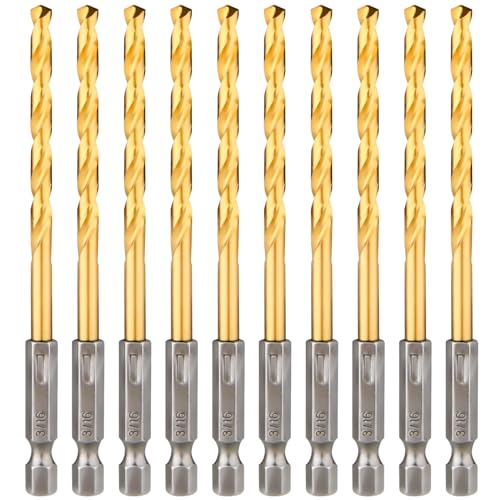 BAIDETS Hex Shank Drill Bits - Set of 10Pcs, 3/16 Inch Premium 4341 HSS Titanium Impact Hex Drill Bits for Wood, Steel, Metal, Plastic, Quick Change Design