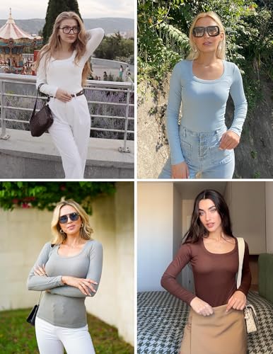 Image of Ekouaer Womens Long Sleeve Shirts Square Neck Slim Fit Basic Tops Ribbed Thermal Undershirts Layering Tee